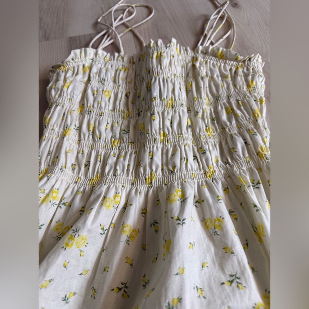 H&M Yellow Floral Smocked Sundress with Tie Straps- stretchy XS Girls